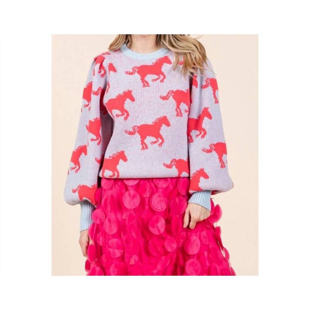 NEW STYLE USA horse print knit sweater in powdered blue